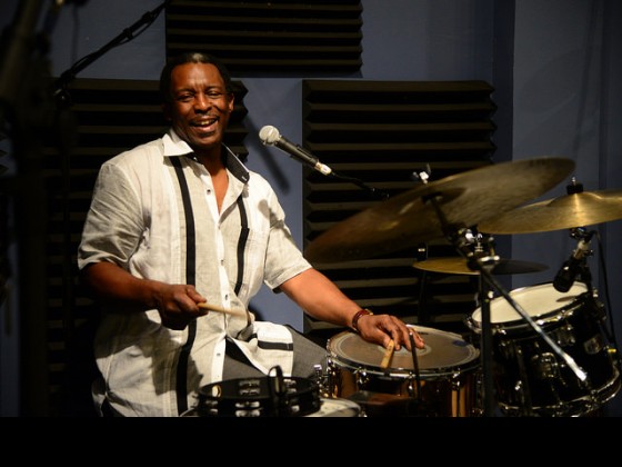 Herlin Riley at WWOZ on March 17, 2016 [Photo by Marc PoKempner]