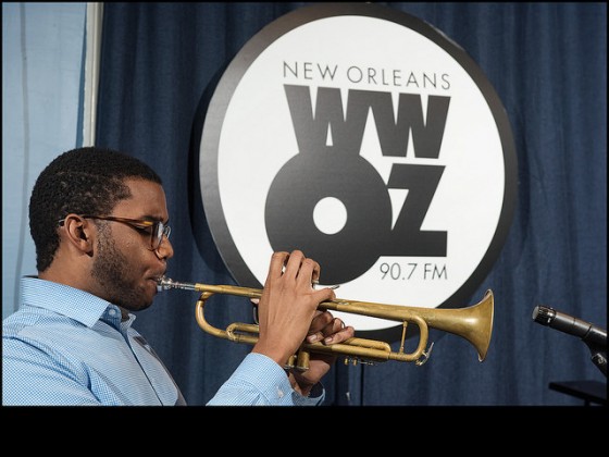 Jelani Bauman of Jesse McBride and the Next Generation, in studio during the WWOZ 2016 Spring Membership Drive [Photo by Ryan Hodgson-Rigsbee]