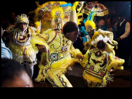 Fi-Yi-Yi and the 9th Ward Mandingo Warriors dancing in the streets on St. Joseph's Night 2013 [Photo by Ryan Hodgson-Rigsbee]