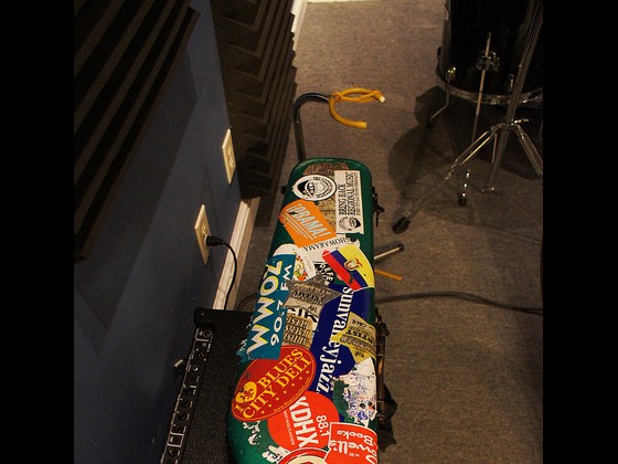 Charlie Halloran's trombone case has seen some miles [Photo by Bill Sasser]