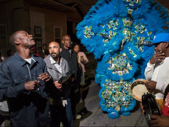 Monogram Hunters 2nd Chief Jeremy Stevenson downtown on St. Joseph's Night 2016 [Photo by Ryan Hodgson-Rigsbee]